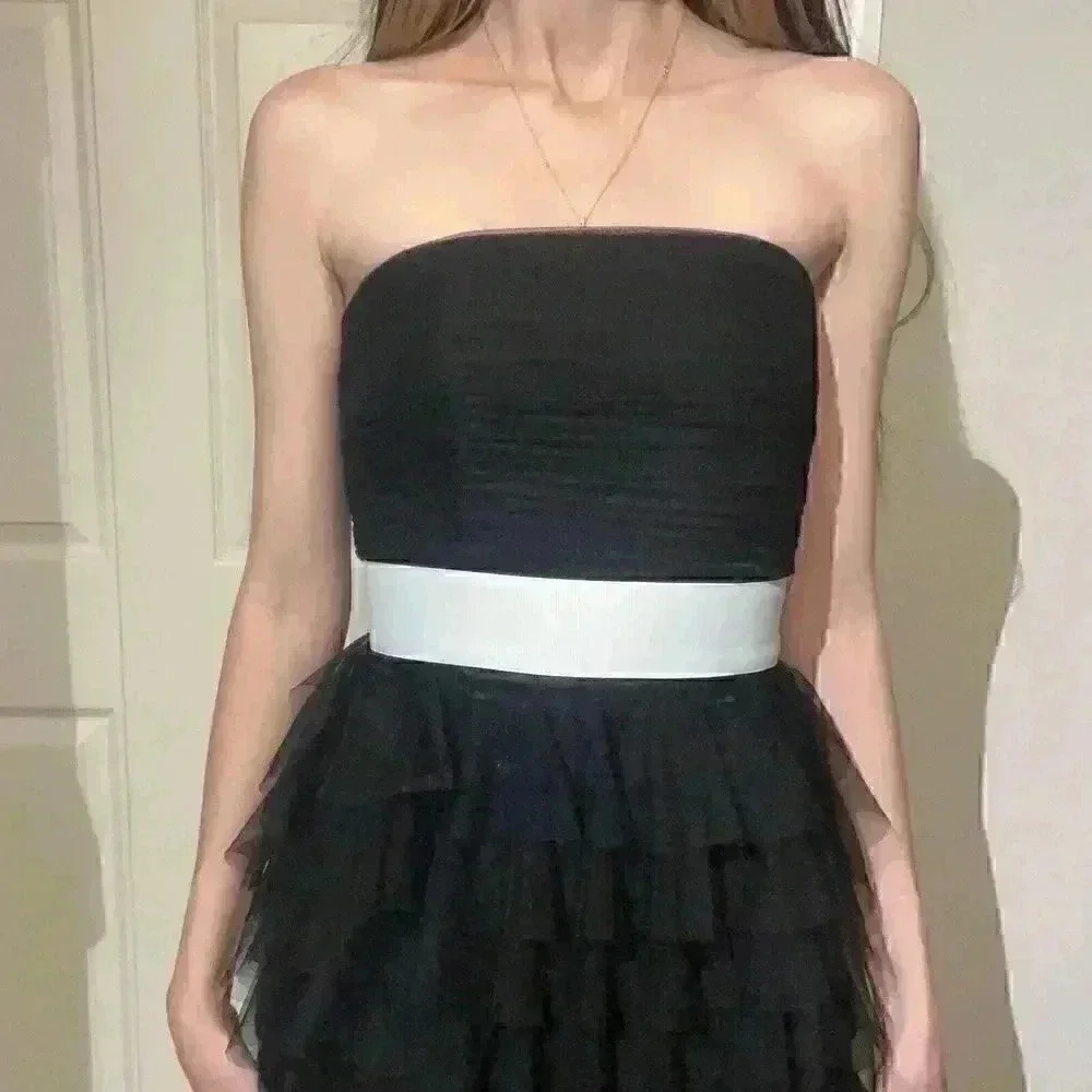 Vintage Betsey Johnson Black Strapless Corset Dress Tulle Ruffle Mesh Bow Size 0